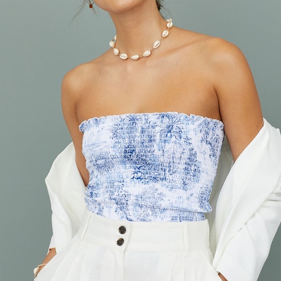 blue smocked tube top